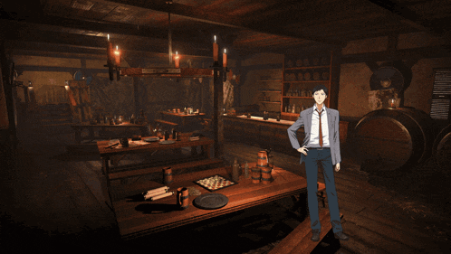 a man in a suit and tie stands in a dark room with smoke coming out of a window