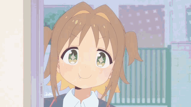 a cartoon character with brown hair and green eyes is smiling