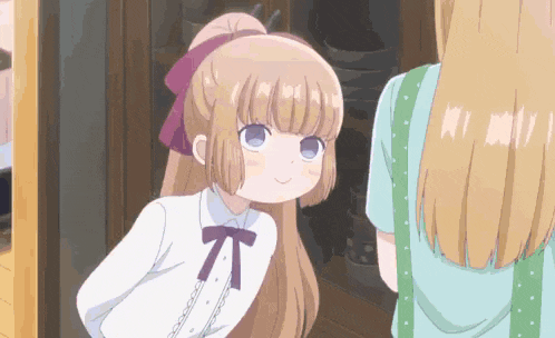 two anime girls are standing next to each other and one of them is wearing a purple bow tie .