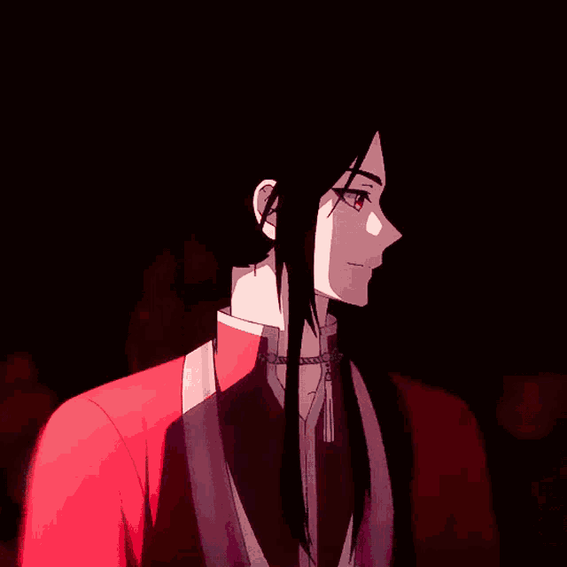 a cartoon character with long black hair and a red jacket