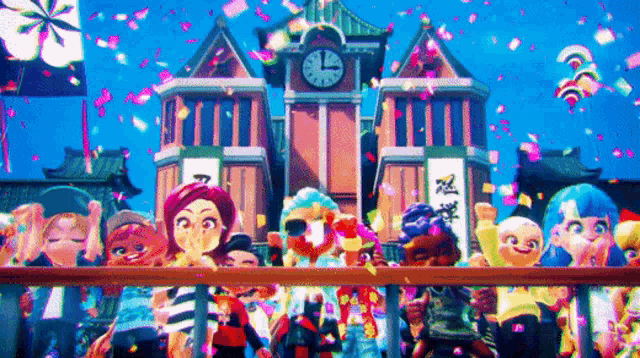a crowd of people are gathered in front of a clock tower
