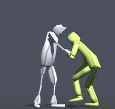 a 3d model of a man and a green man standing next to each other .