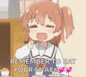 a cartoon girl is eating a snack and says `` remember to eat your snack `` .
