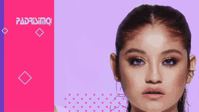 a close up of a woman 's face on a purple background with the word padrisimo