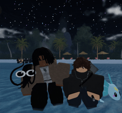 a couple of cartoon characters sitting in the water with the letters oc on their faces