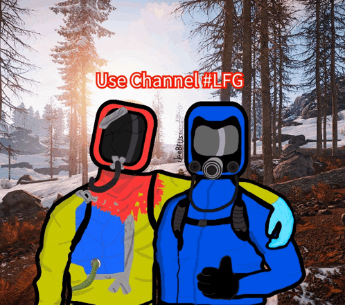 a cartoon of two people hugging with the words use channel # lfg behind them