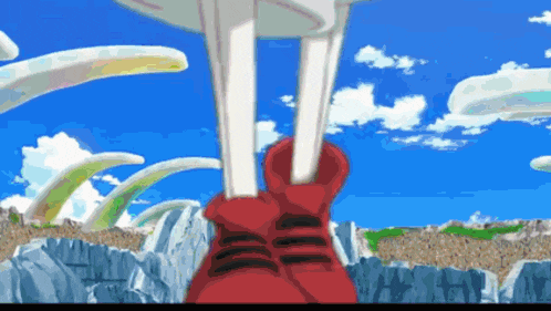 a person wearing a pair of red shoes is standing on a cliff