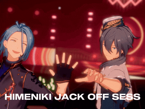 two anime characters are standing next to each other with the words himenki jack off sess below them