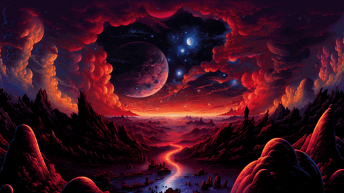 a painting of a river flowing through a valley with a planet in the background