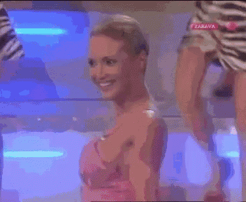 a woman in a pink dress is dancing in front of a blue background with the word zabava on it