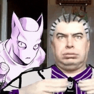 a man in a purple shirt is standing next to a drawing of a cat with a knife on his head .