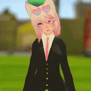 a girl with pink hair is wearing a black suit and tie