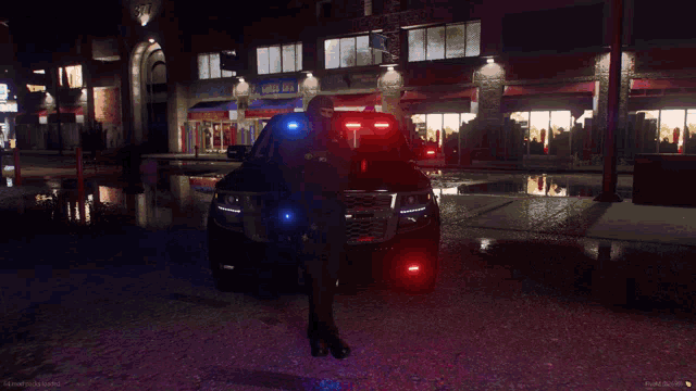 a police officer is standing in front of a car with a red light on