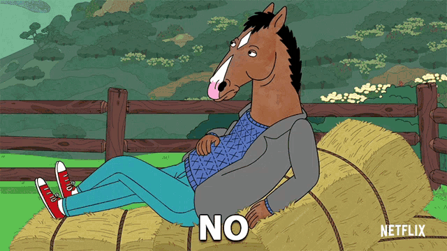 a cartoon of a horse laying on a bale of hay with the word no written on the bottom