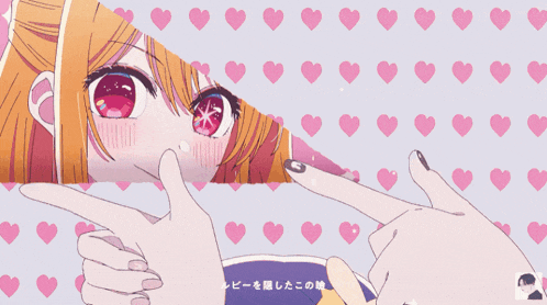 a girl with red eyes is peeking out from behind a piece of paper surrounded by pink hearts