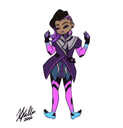 a drawing of a girl in a purple and pink outfit