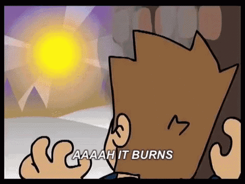 a cartoon of a man looking at the sun with the words aaah it burns written below him .
