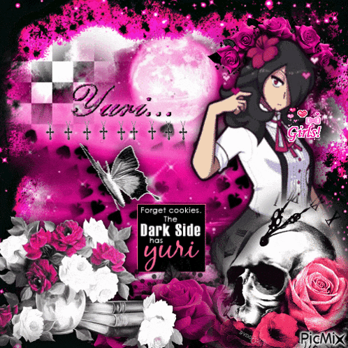 a picture of a girl with a skull and the words " forget cookies the dark side has yuri " on the bottom