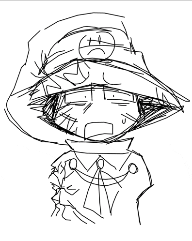 a black and white drawing of a person wearing a hat with a sad face on it