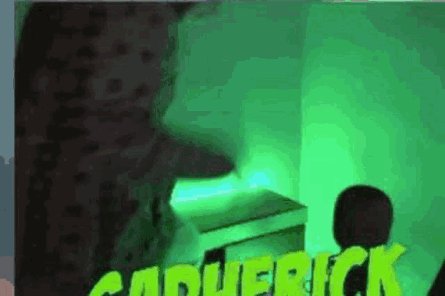a person is standing in front of a microphone in a dark room with green lights behind them .