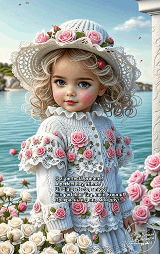a painting of a little girl wearing a hat with roses around her head