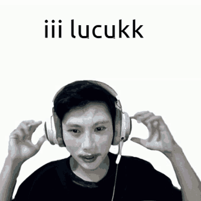 a man wearing headphones with the words iiii lucukk on the bottom