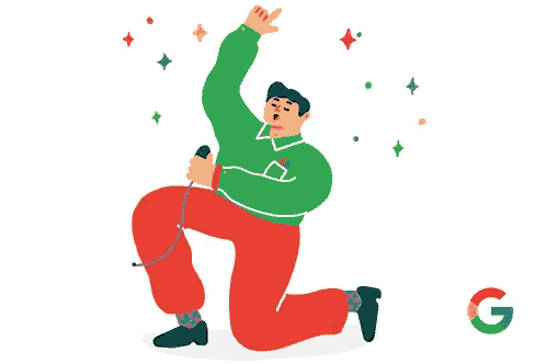 a cartoon of a man singing into a microphone with a google logo in the background