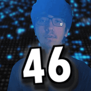a man with glasses and the number 46 in front of his face