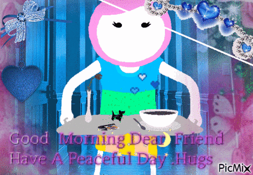 a cartoon of a girl holding a tray with a cup of coffee on it and the words good morning dear friend