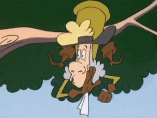 a cartoon character is hanging upside down in a tree