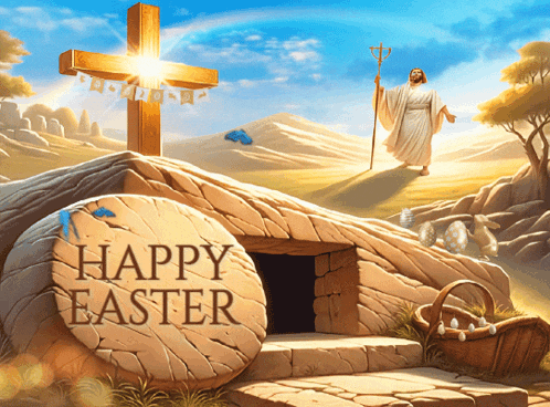 a painting of jesus standing in front of a tomb with the words happy easter written on it
