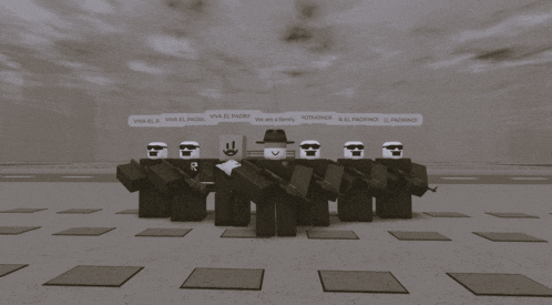 a group of roblox characters are posing for a picture and one of them is holding a sign that says " we are a family "