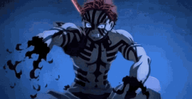 a cartoon character with red hair and black stripes on his body .