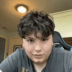 a young boy with curly hair is wearing a gray shirt .