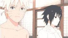 two anime characters , naruto and sasuke , are standing next to each other in a room .