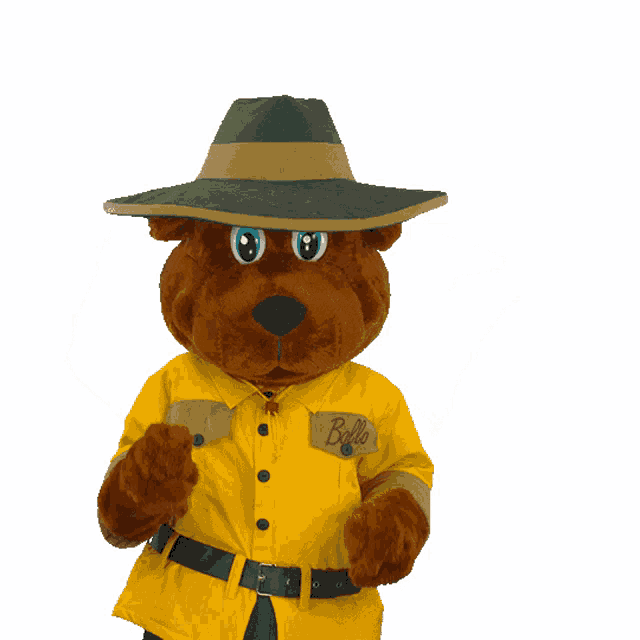a stuffed animal wearing a yellow jacket that says bella