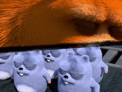 a group of stuffed animals with their eyes closed are standing next to each other