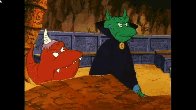 a cartoon of a red monster and a green monster standing next to each other ..