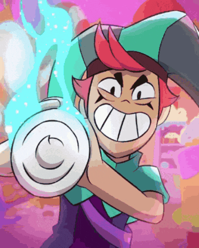 a cartoon character with red hair and a green hat is holding a white object