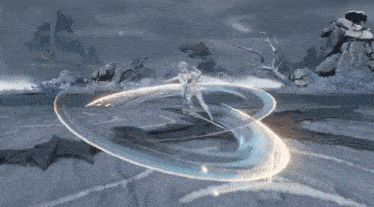 a person is holding a sword in a video game and a sword is flying through the air .