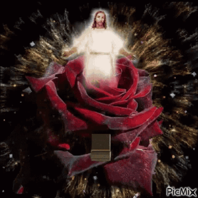 jesus is surrounded by a red rose and a box .
