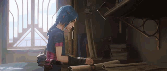 a girl with blue hair is sitting in front of a window looking at a piece of paper
