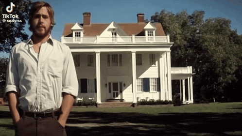 a man standing in front of a large white house with tiktok written on the bottom right