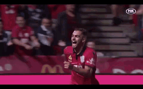 a soccer player is celebrating a goal during a game on a field .