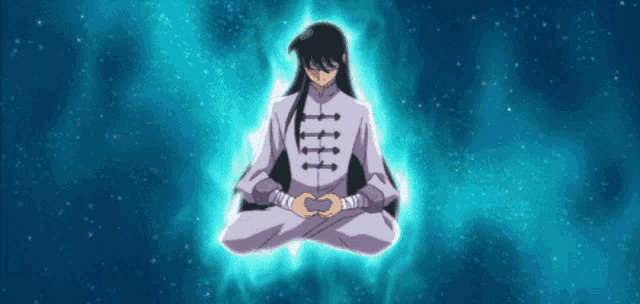 a cartoon character is sitting in a lotus position in the sky