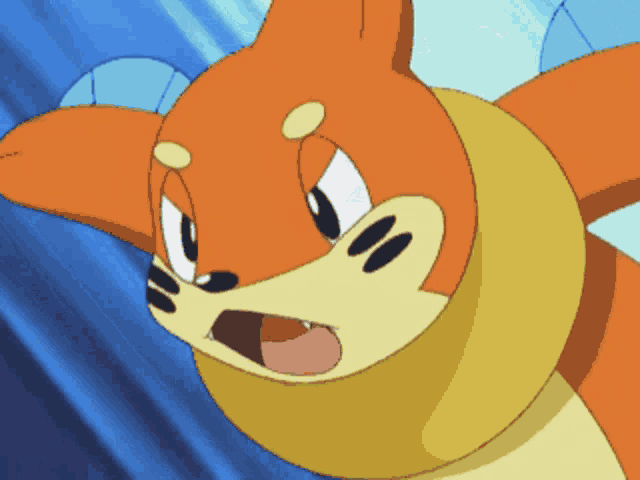 a close up of an orange and yellow cartoon character