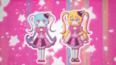 two anime girls are standing next to each other on a pink background with stars .