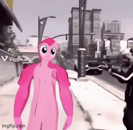 a pink cartoon character is standing on a sidewalk in a city ..
