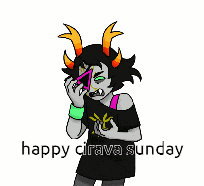 a cartoon character with horns smoking a cigarette and the words happy cirava sunday