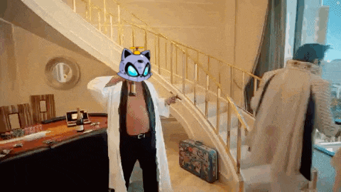a man in a bathrobe is standing in a room with stairs .